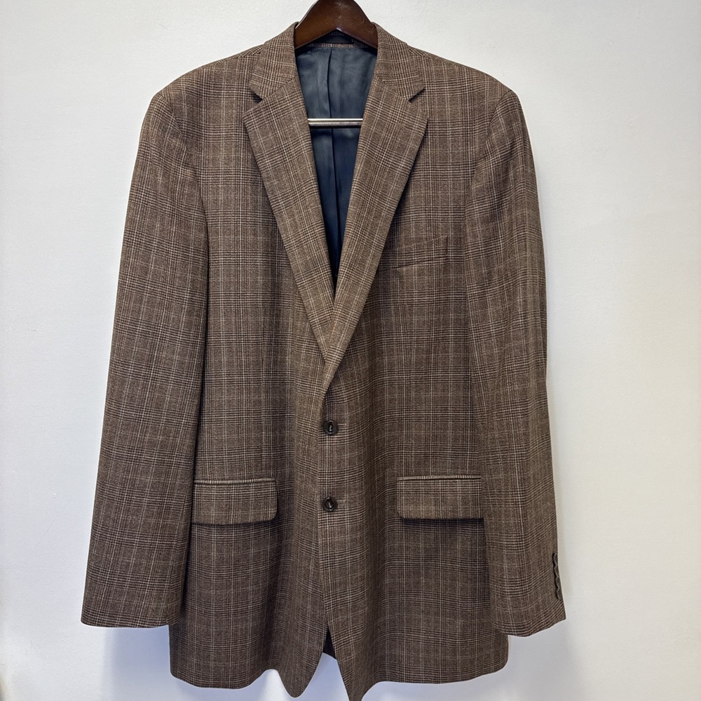 Corbin Mens 46L Brown‎ Glen Plaid 100% Wool Blazer Sport Coat Jacket Made Chile